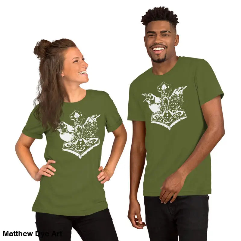 Matching olive green t-shirts featuring Odin’s Chosen Tee, transcending mere apparel