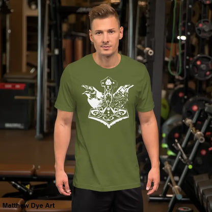 Olive green Odin’s Chosen tee featuring a striking white Norse design for all