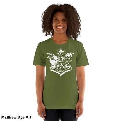 Olive green Odin’s Chosen tee featuring a white Viking graphic for Norse art enthusiasts