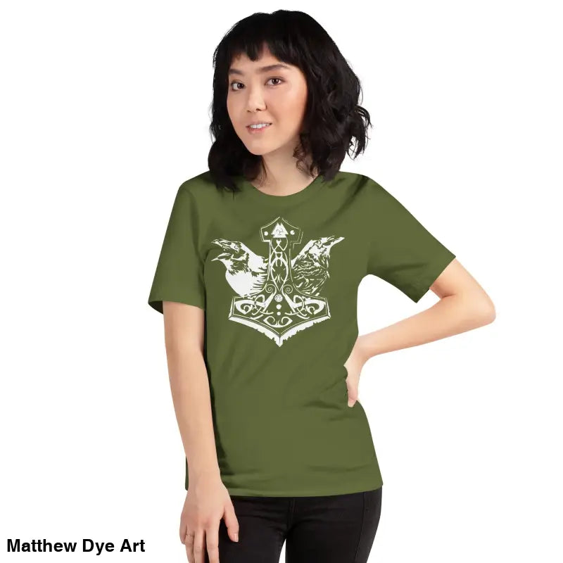 Olive green Odin’s Chosen tee featuring white Norse mythology design for unique style