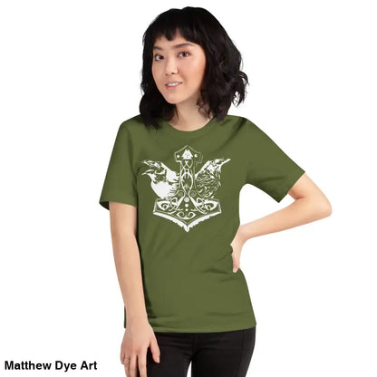 Olive green Odin’s Chosen tee featuring white Norse mythology design for unique style