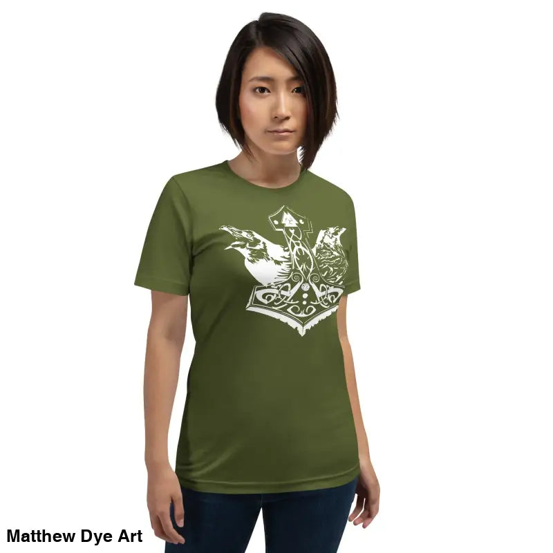 Olive green t-shirt featuring white Norse design from Odin’s Chosen Tee collection