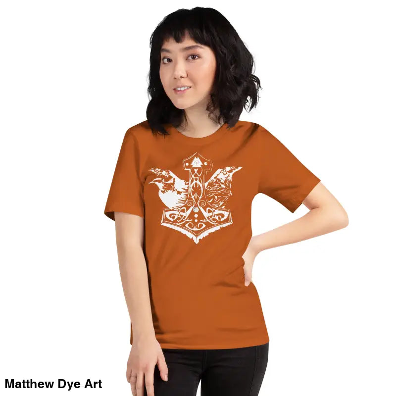 Orange Odin’s Chosen tee featuring a striking white Viking design on a unisex shirt