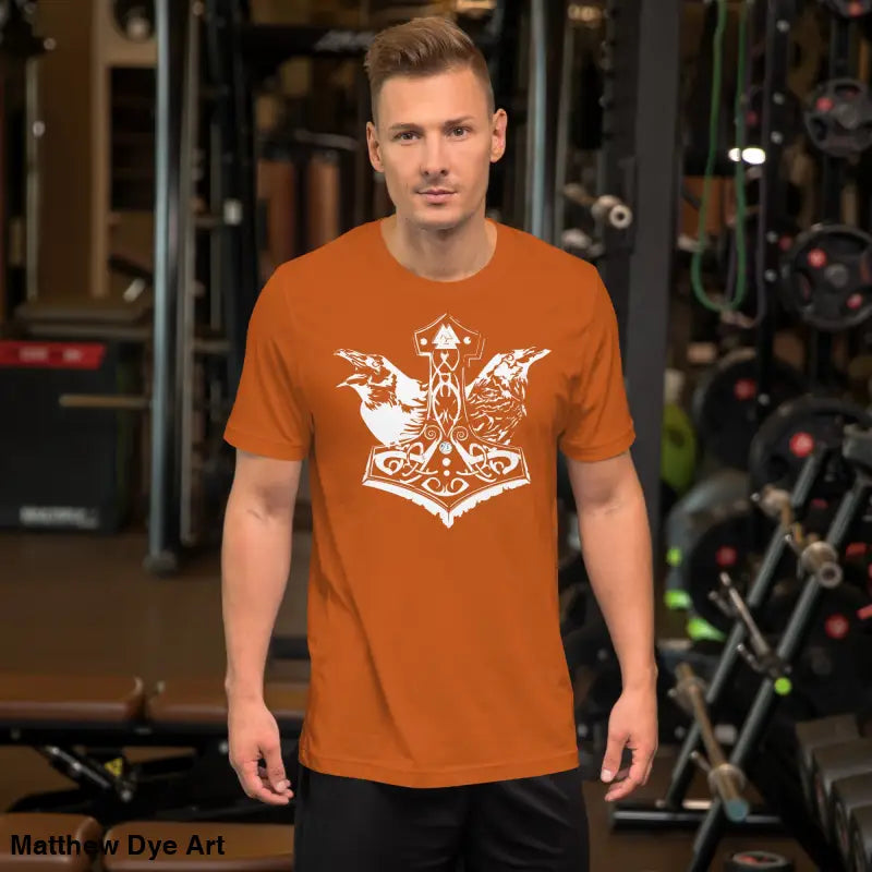 Orange t-shirt with white Viking design, a remarkable Odin’s Chosen tee for all