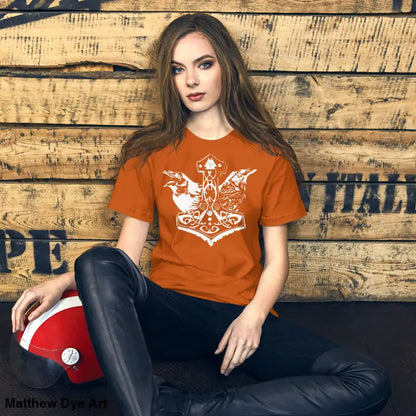 Orange t-shirt with white Viking design from Odin’s Chosen Tee collection