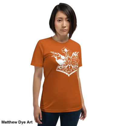 Orange t-shirt featuring white Norse design from Odin’s Chosen Tee collection