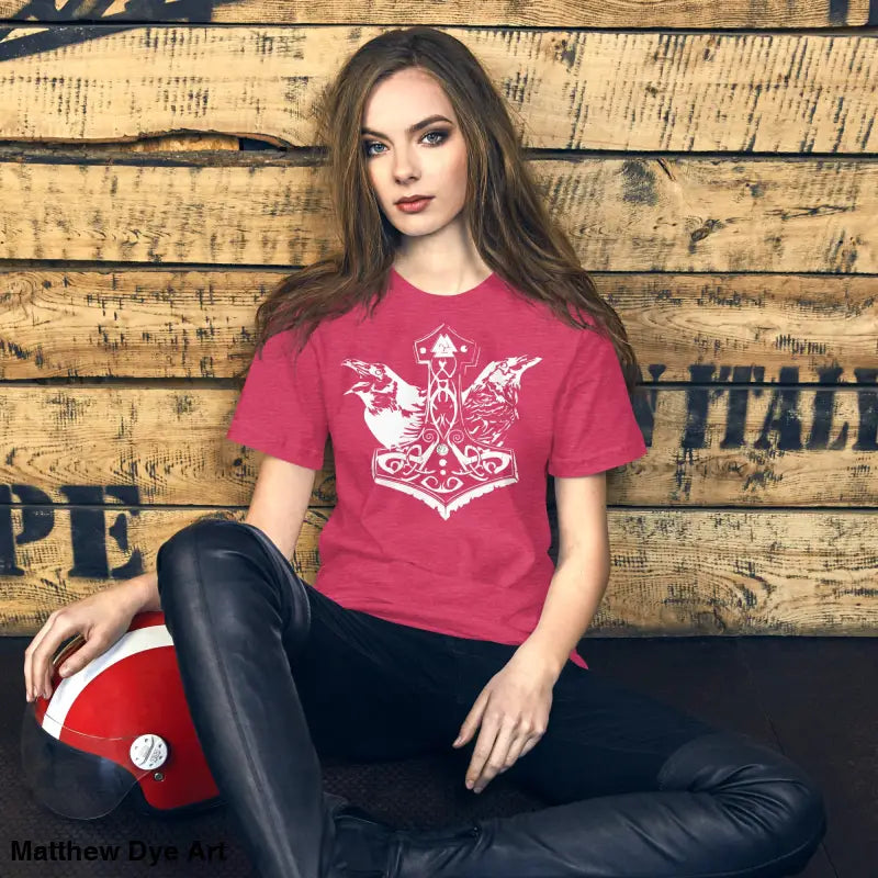Pink t-shirt featuring white Viking design from the Odin’s Chosen Tee collection