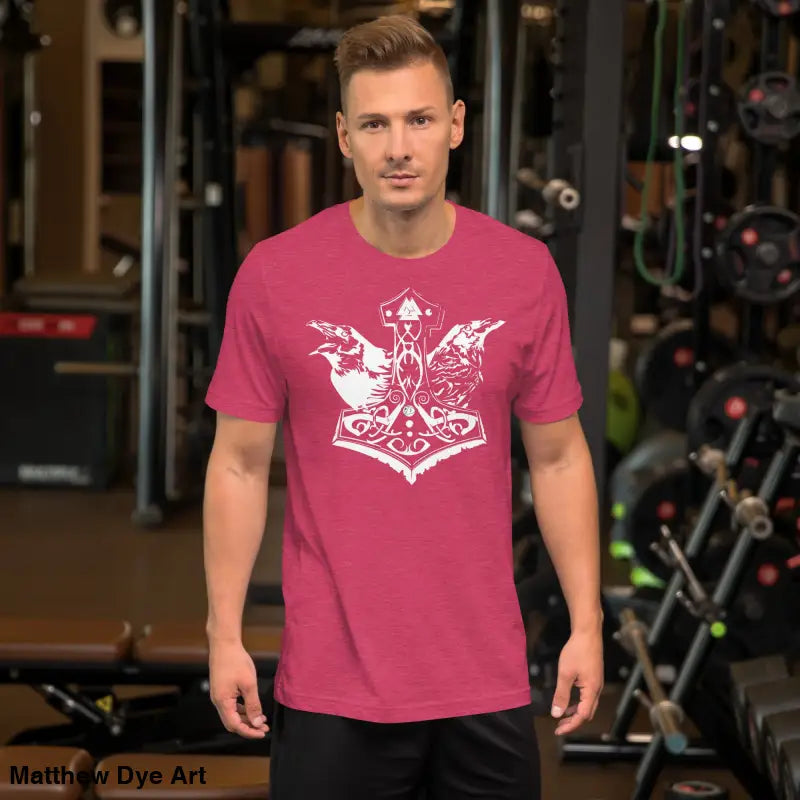 Pink t-shirt with white Norse design for Odin’s Chosen Tee—a remarkable apparel choice