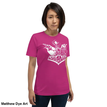 Pink t-shirt featuring white Norse design from Odin’s Chosen Tee collection