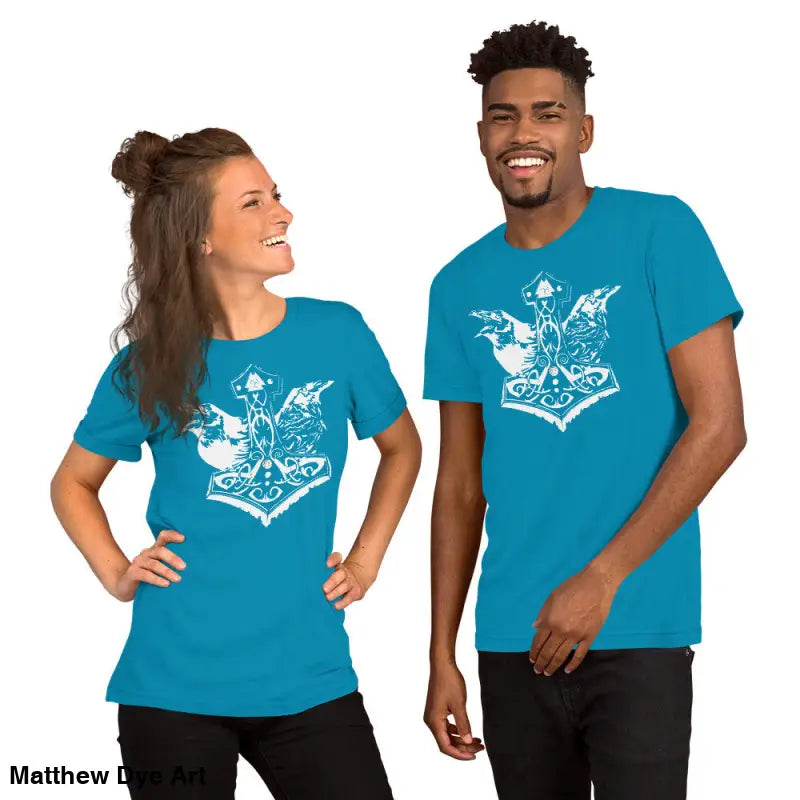 Matching turquoise t-shirts featuring Viking graphics for the Odin’s Chosen Tee