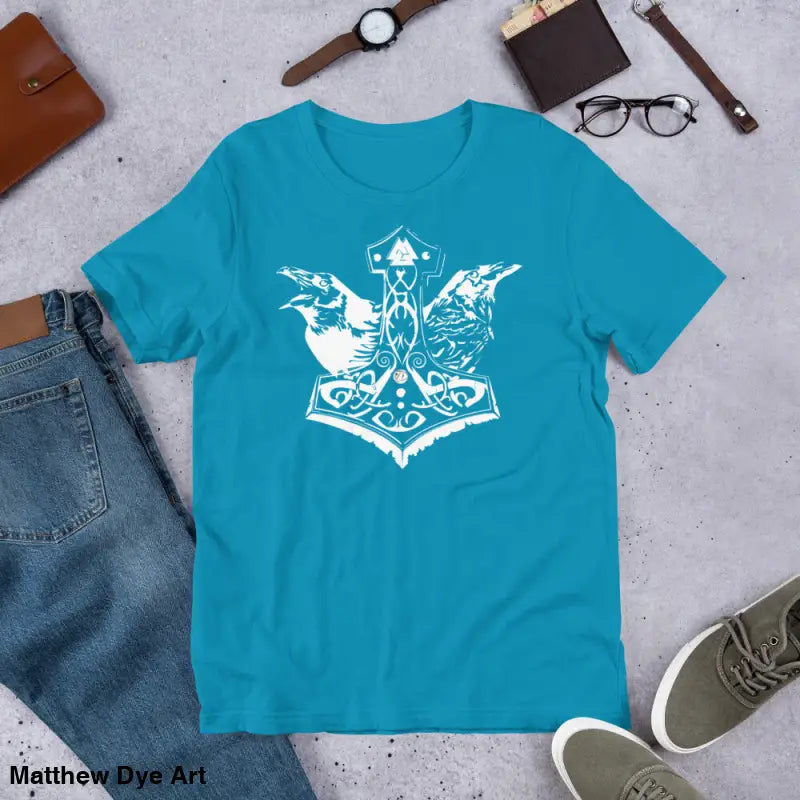 Turquoise Odin’s Chosen Tee featuring white Norse mythology design for enthusiasts