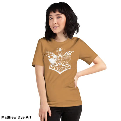 Woman in a brown Odin’s Chosen tee featuring a white Norse-themed design