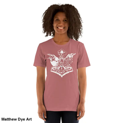 Woman in a pink Odin’s Chosen tee featuring a white Viking-themed design