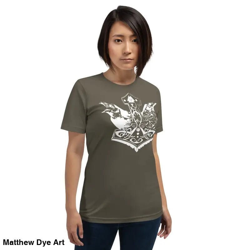Woman models the Rise as Odin’s Chosen Tee featuring a striking white graphic design