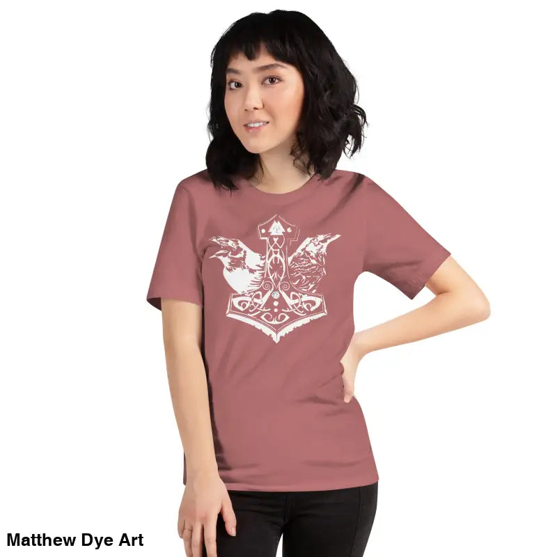 Woman showcasing Odin’s Chosen Tee, a remarkable Norse art design apparel for all