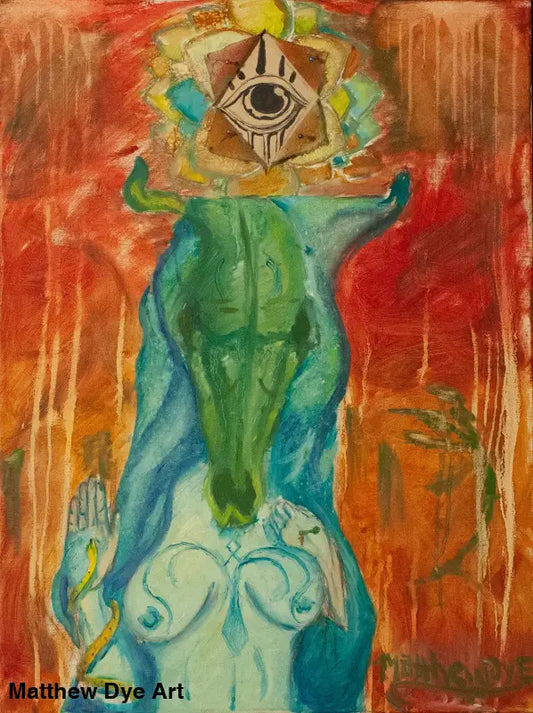 Mystical blue-green figure with all-seeing eye design on Above the Shadows water bottle
