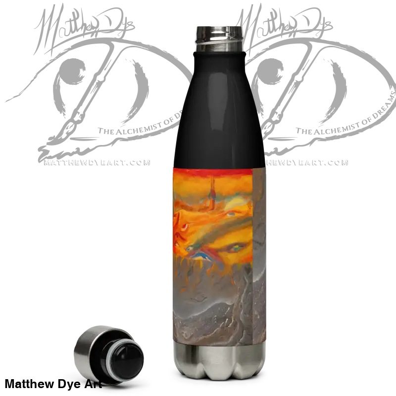 Stainless steel water bottle with artistic orange and gray swirl design for hydration