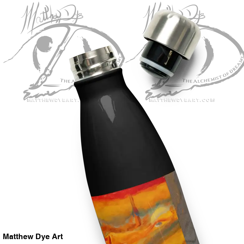 Black stainless steel water bottle featuring an artistic orange and yellow design