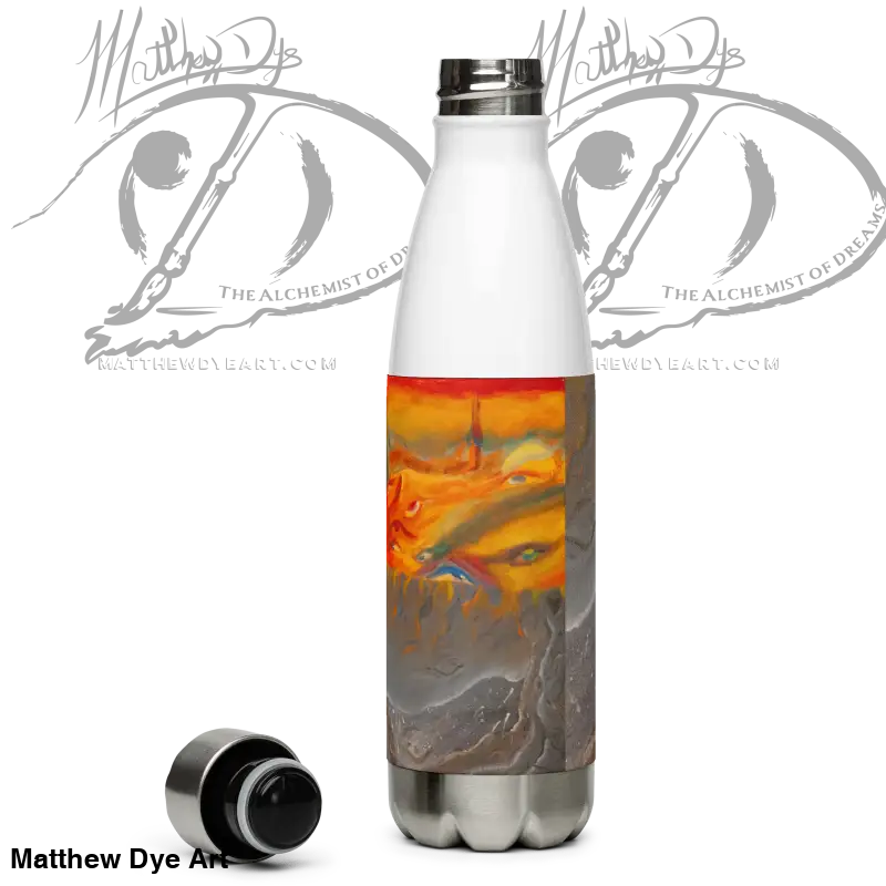 Stainless steel water bottle featuring swirling orange, gray, and blue abstract art design