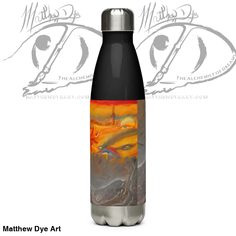 Stainless steel water bottle featuring an artistic orange and gray design pattern