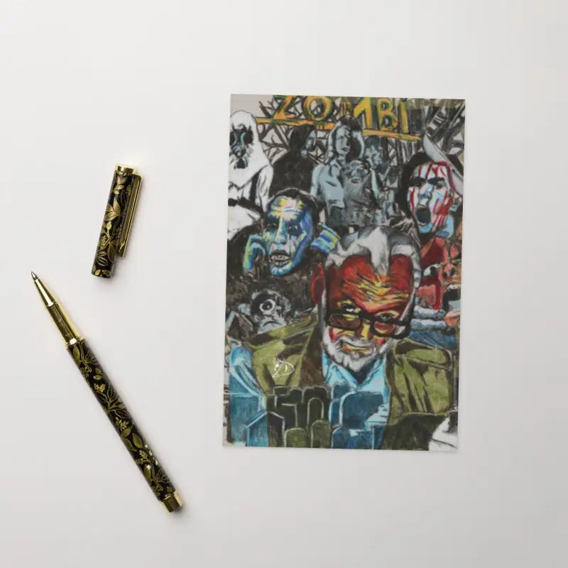 Colorful George Romero Tribute greeting card with gold pen, celebrating zombie cinema artistry