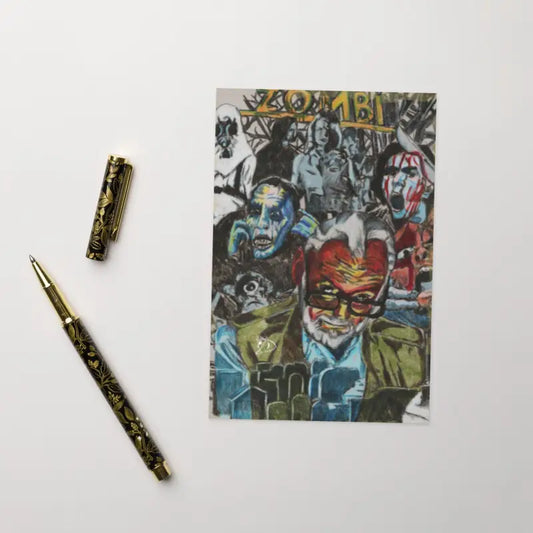 Colorful Romero Tribute Greeting Card celebrating Zombie Cinema with a decorative gold pen