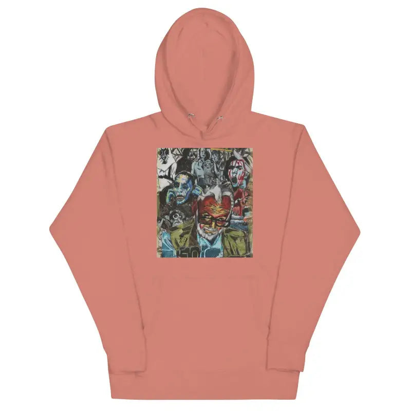 Peach hoodie with colorful graphic, part of the Romero Tribute Hoodie for Zombie Cinema fans