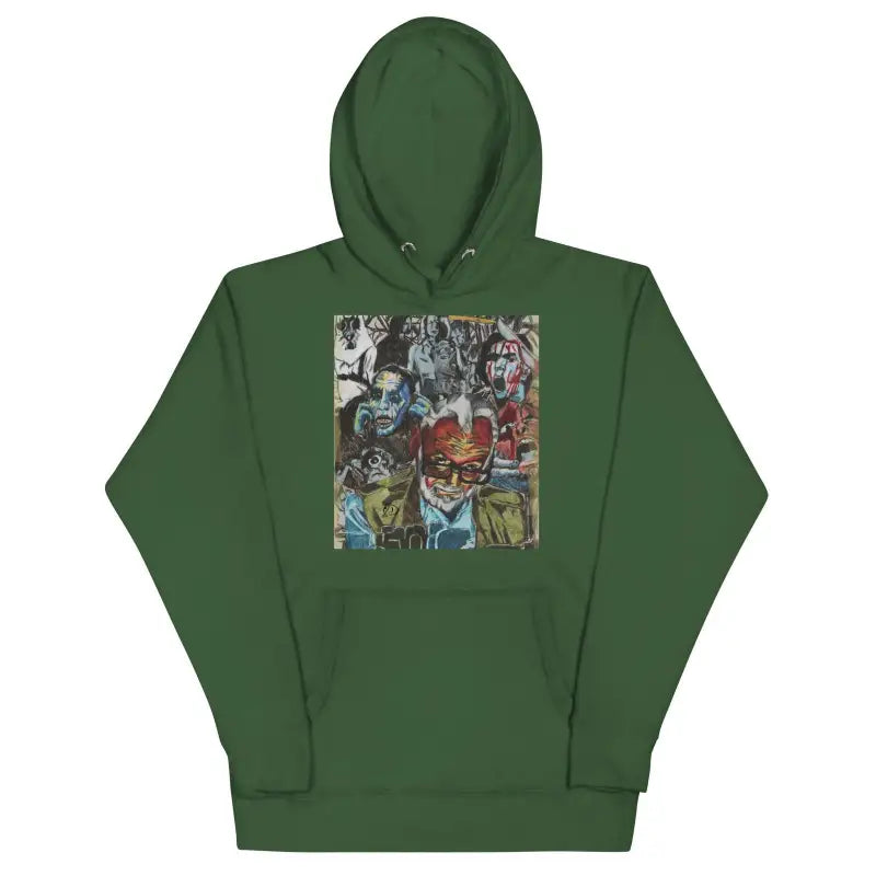 Forest green Romero Tribute Hoodie featuring artistic graphic print inspired by zombie cinema