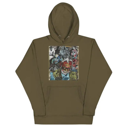 Olive green Romero Tribute Hoodie featuring colorful graphic for zombie cinema enthusiasts