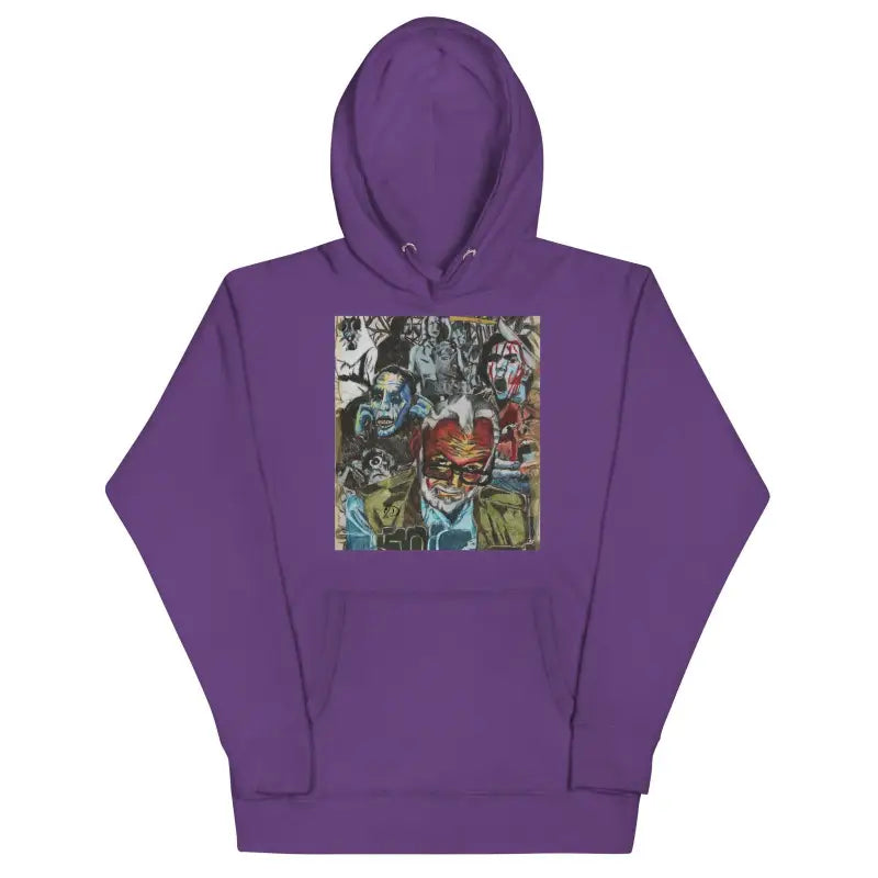 Purple hooded sweatshirt featuring colorful graphic print from Romero Tribute Hoodie, zombie cinema art