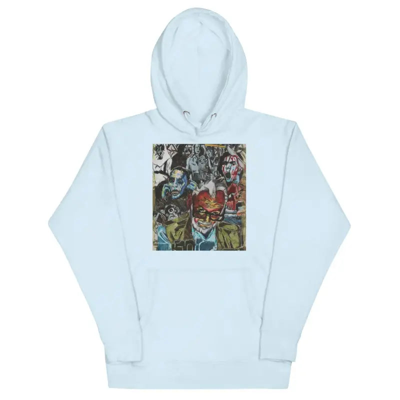 Light blue Romero Tribute Hoodie featuring artistic graphic print inspired by zombie cinema