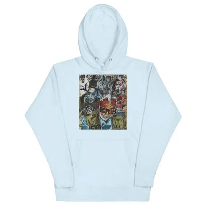 Light blue Romero Tribute Hoodie featuring artistic graphic print inspired by zombie cinema