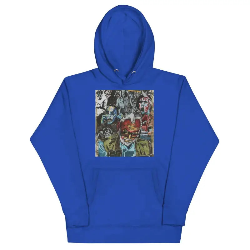 Royal blue Romero Tribute Hoodie featuring colorful graphic art for zombie cinema fans