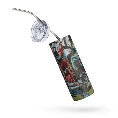 Colorfully decorated Romero Zombie Art Tumbler with a straw for thrilling drink experiences