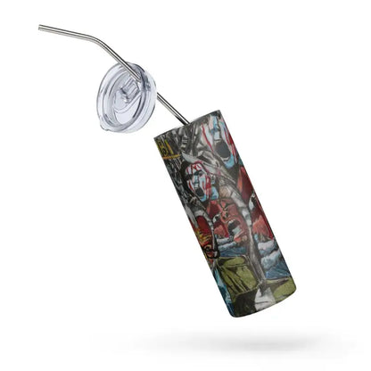 Crushed aluminum soda can with straw in Romero Zombie Art Tumbler for unique drink experiences