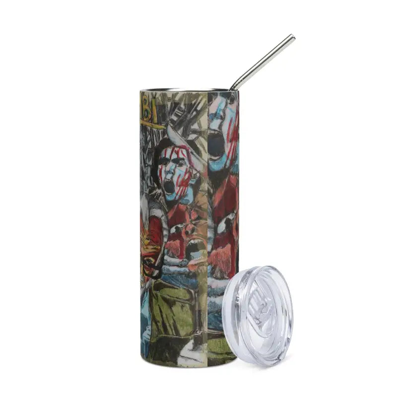 Stainless steel tumbler featuring Romero Zombie art design and clear lid for drinks