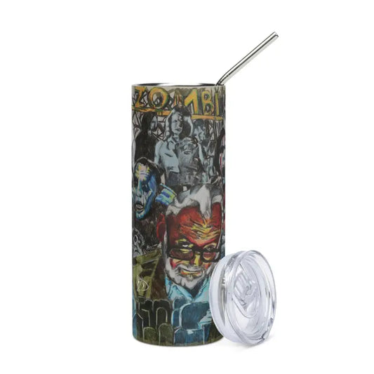 Stainless steel tumbler featuring Romero Zombie art and a clear plastic lid