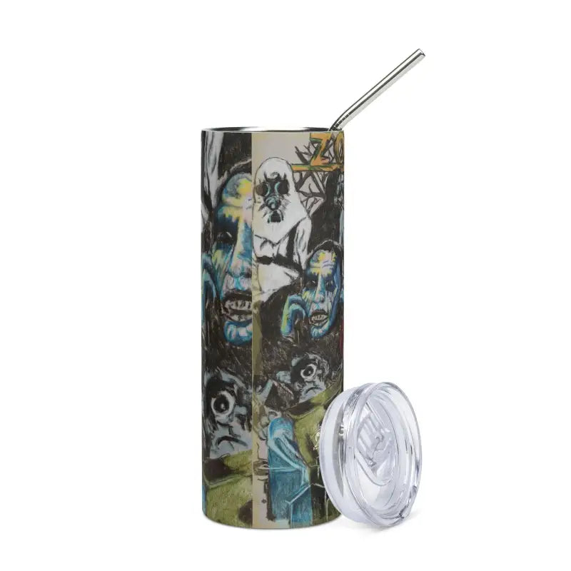 Stainless steel tumbler featuring Romero Zombie art with Halloween-themed ghosts and bats