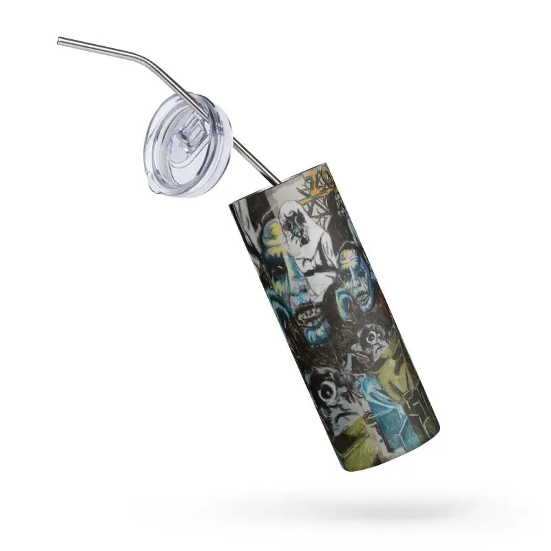 Stainless steel tumbler featuring Romero Zombie art in vibrant blue, green, and gray