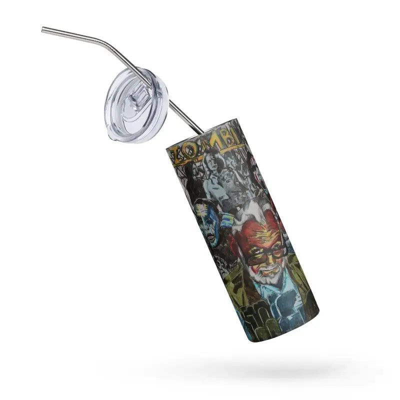 Graffiti-covered energy drink can with straw in Romero Zombie Art Tumbler design