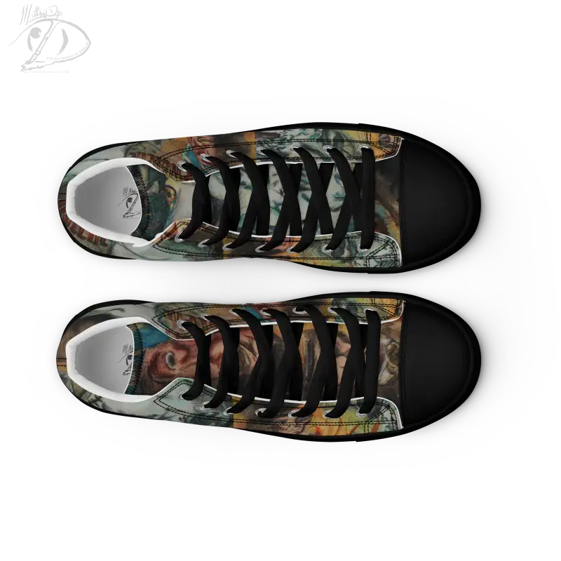 High-top canvas shoes featuring artistic camouflage and a black toe cap for zombie tribute high