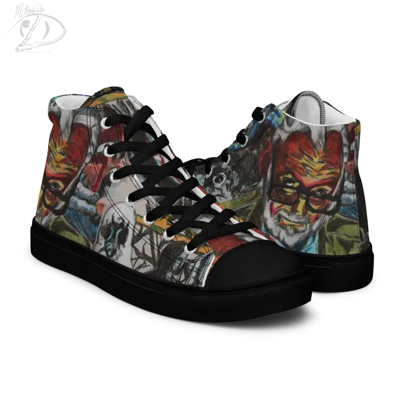 High-top canvas shoes with comic book art, red and gray graphics, Zombie Tribute High