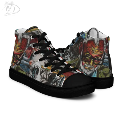 High-top canvas shoes with comic book art, red and gray graphics, Zombie Tribute High