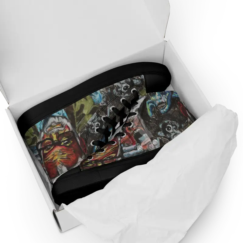 Colorful graffiti-style Zombie Tribute High Top Canvas Shoes in a white box