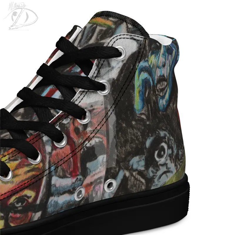 High-top canvas shoes featuring colorful graffiti-style faces in Zombie Tribute High design