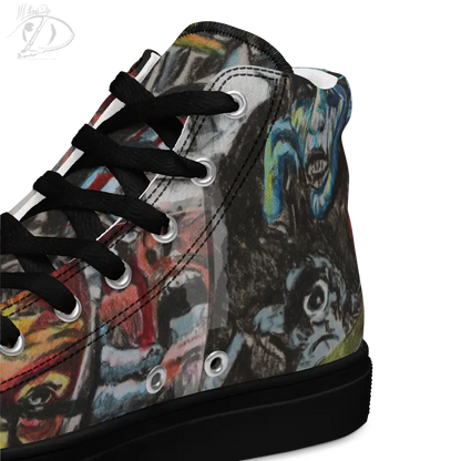 High-top canvas shoes featuring colorful graffiti-style faces in Zombie Tribute High design