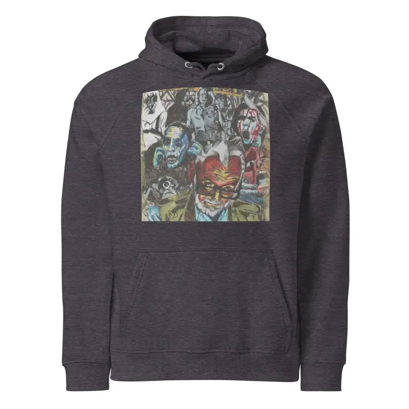 Dark gray eco raglan hoodie with colorful graphic print celebrating George A. Romero