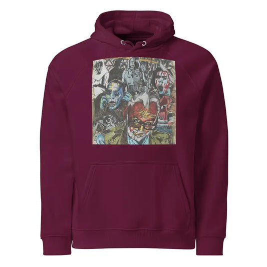 Burgundy Eco Raglan Hoodie featuring colorful graphic print celebrating George A. Romero