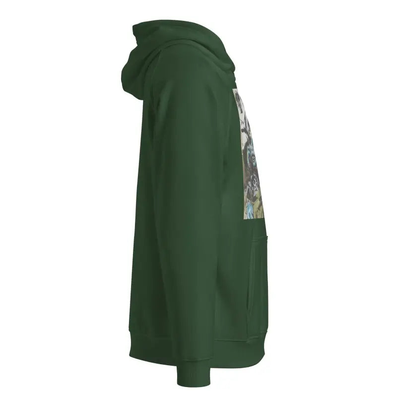 Dark green unisex Romero Zombie Hoodie displayed in side view for eco-friendly style