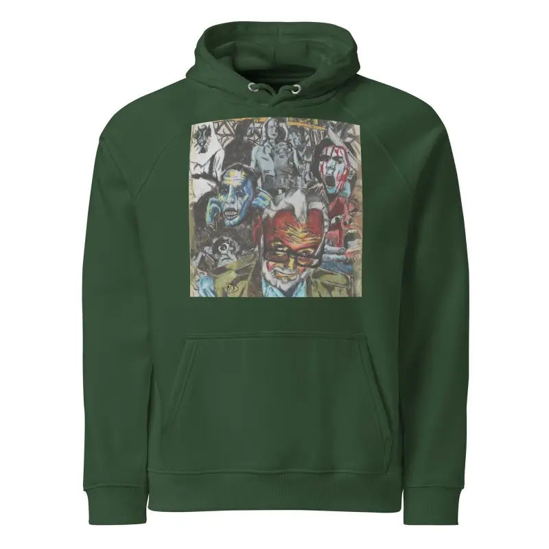 Forest green eco raglan hoodie with artistic print celebrating George A. Romero’s legacy